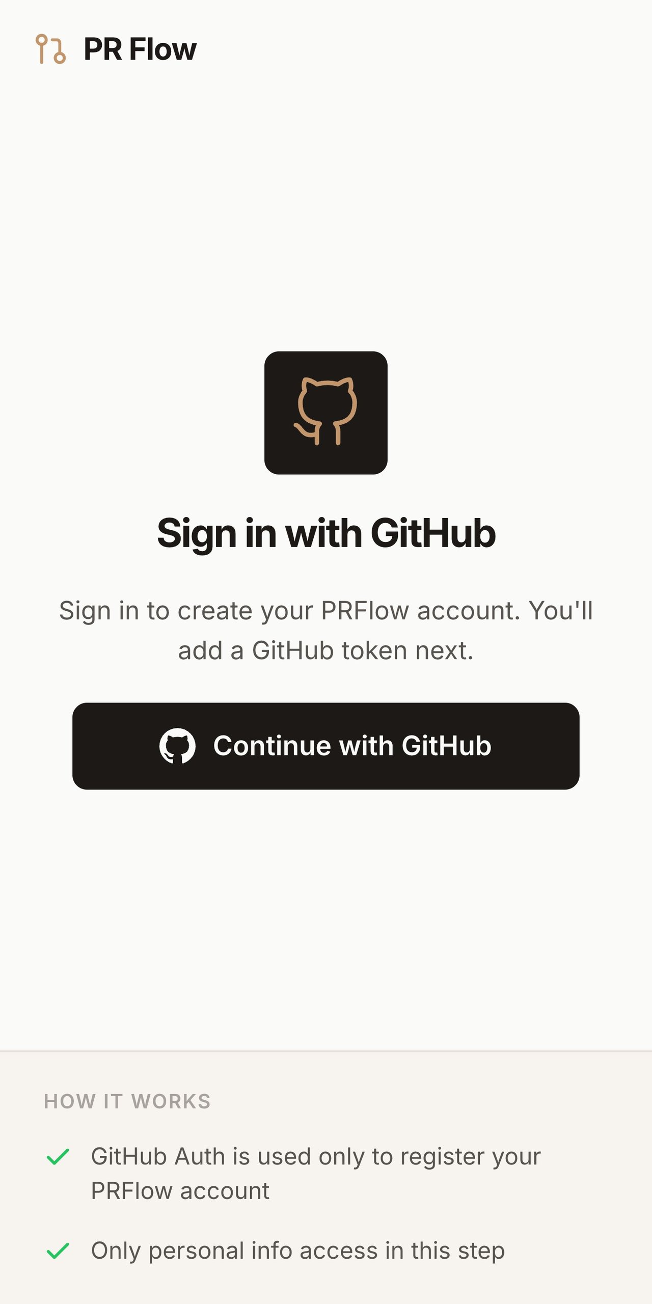 PRFlow's GitHub sign-in screen in the Chrome side panel