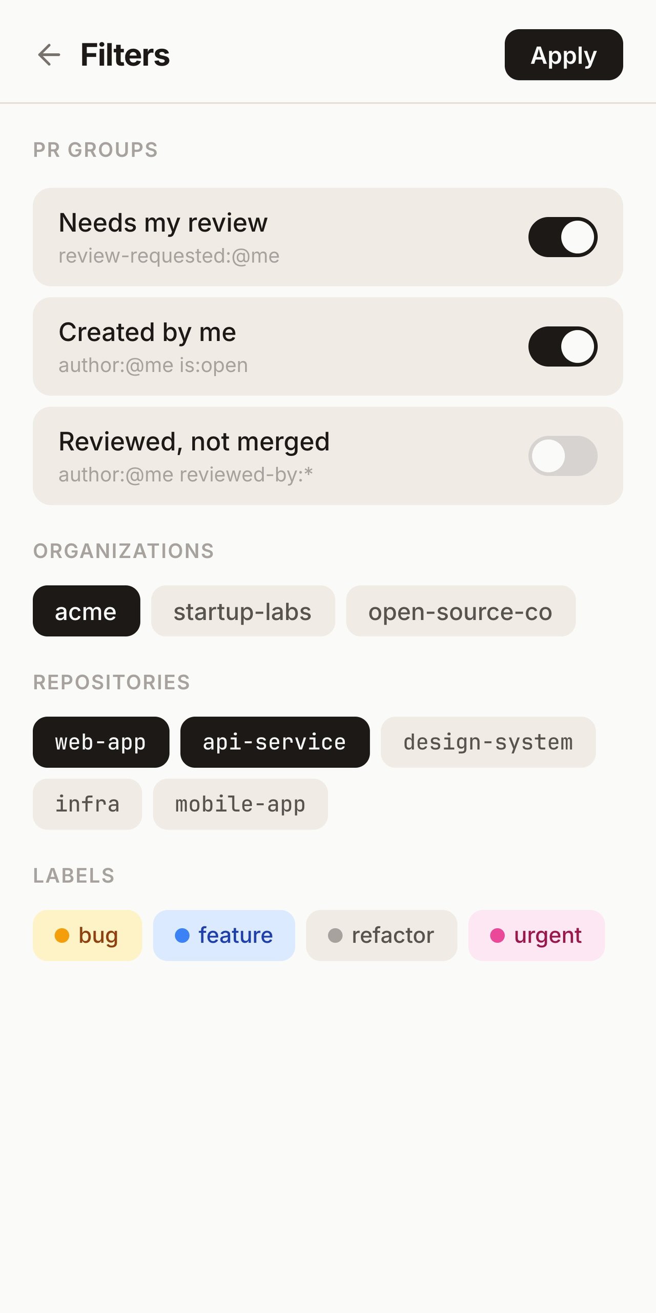PRFlow's filter panel for narrowing pull requests by org and repo