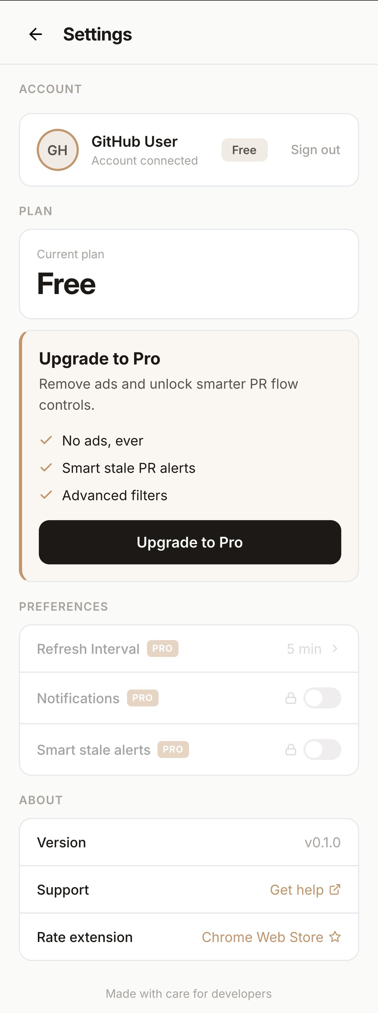 PRFlow settings screen showing Personal Access Token input field